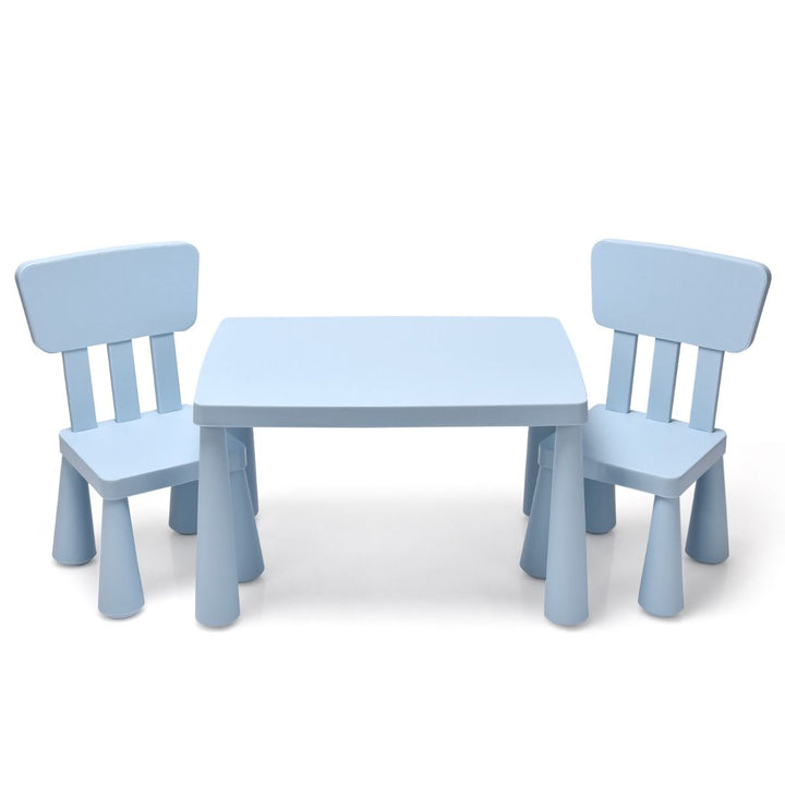 Blue kids plastic table and two-chair set: clean product hero.