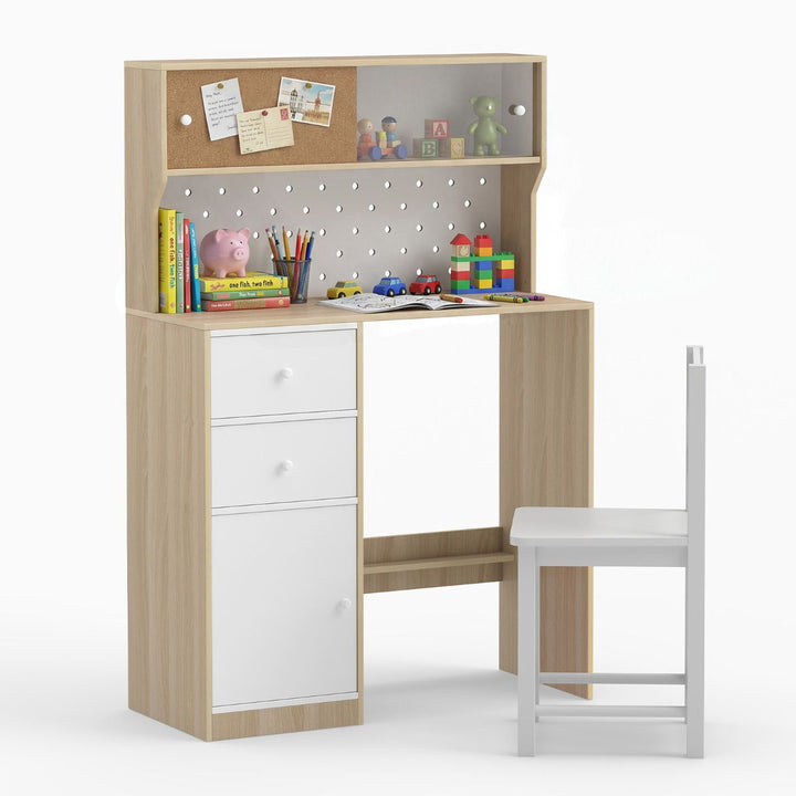 Kids Study Desk and Chair with Pegboard and Sliding Hutch – natural and white desk with matching chair