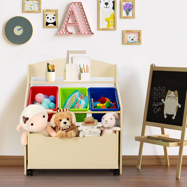 Kids Toy and Book Storage with Three Bins and Rolling Box – Natural product view 1