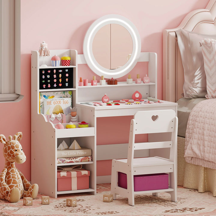 Kids Vanity and Chair with Lighted Mirror and Storage – White, view 1
