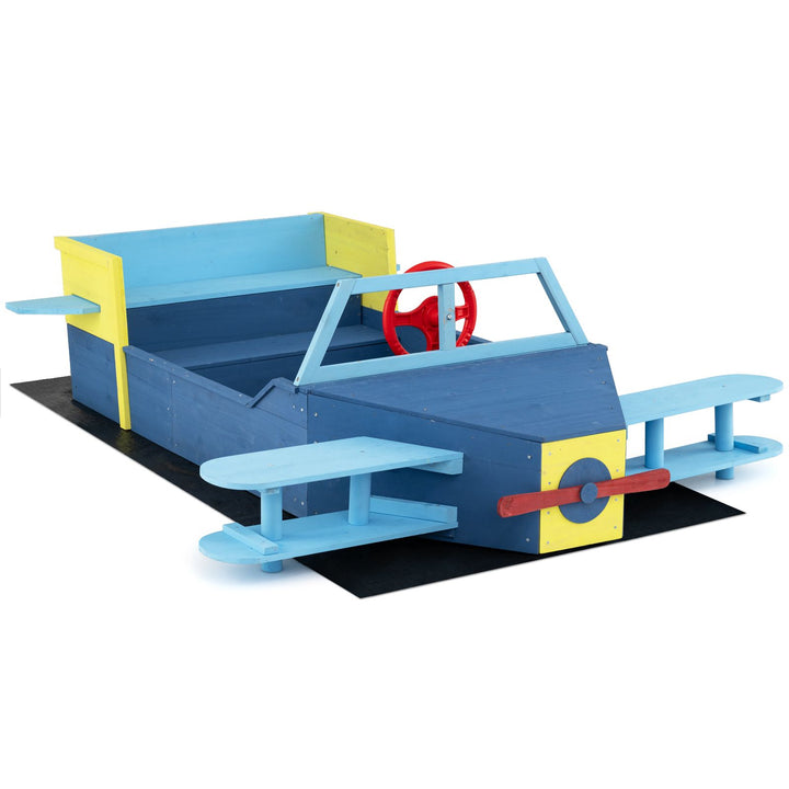 Kids Wooden Aeroplane Sandpit with Bench and Liner – front view with liner