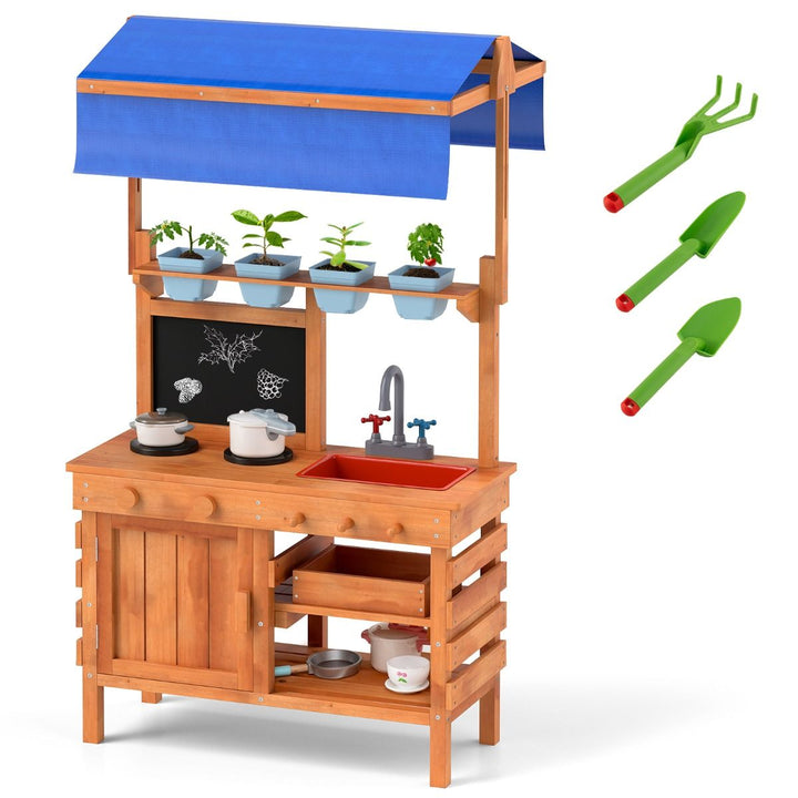 Kids Wooden Mud Kitchen with Canopy and Planting Cups, Natural, view 5