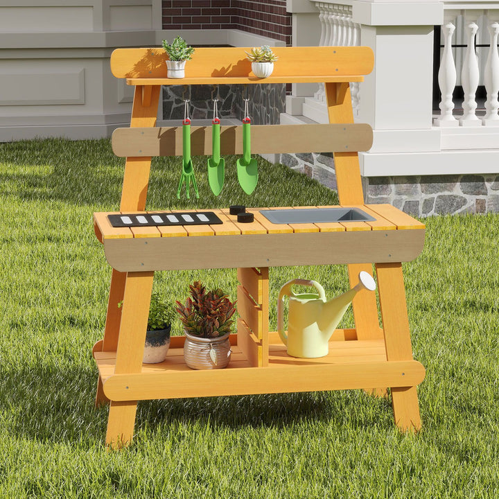 Kids Wooden Mud Kitchen with Pretend Grill and Garden Tools – Yellow product view 1