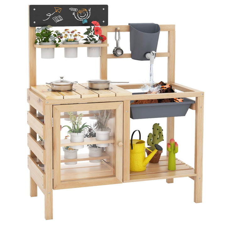 Kids Wooden Mud Kitchen with Water Tap and Planting Pots, Natural, view 3