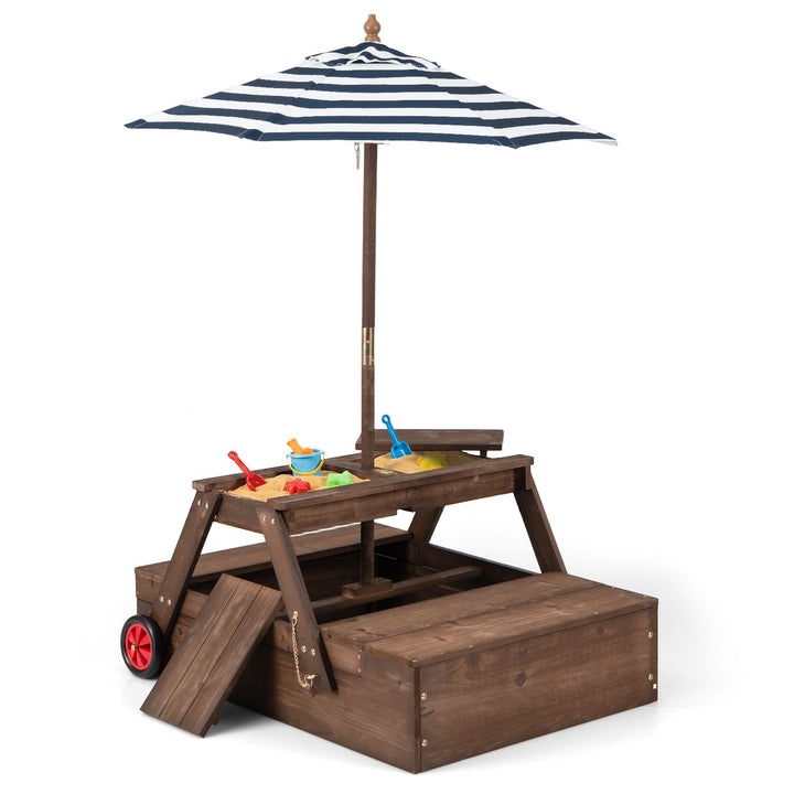 Kids Wooden Sandpit and Picnic Table with Umbrella – brown variant hero