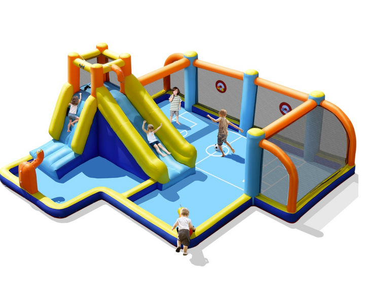 Soccer-themed inflatable water park with slides, pool and mesh-sided soccer area; blower not included