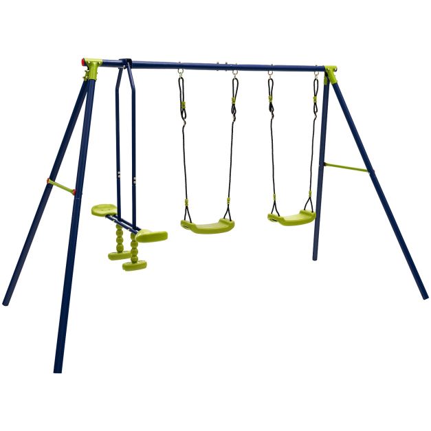 Blue and green swing set with two belt swings and a two-person glider