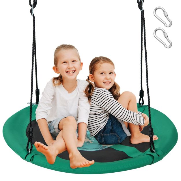 Green patterned saucer swing shown with two children; two carabiners included