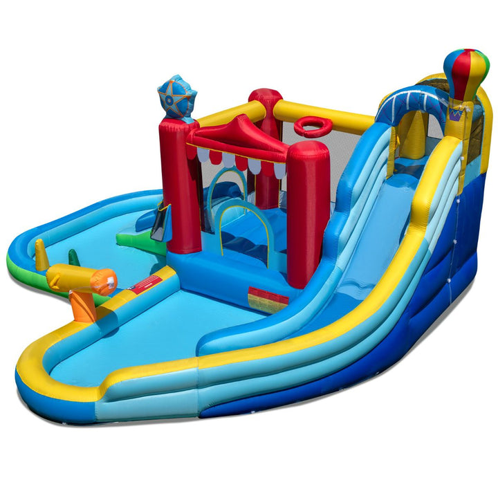 Balloon castle inflatable water park with curved slide and splash pools; blower not included