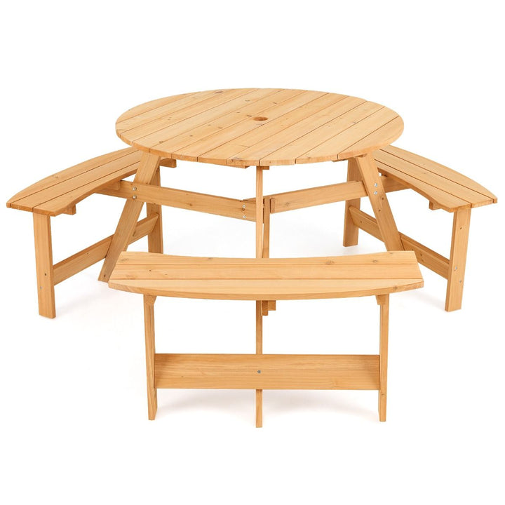 Kids Round Wooden Picnic Table with Three Benches, Natural, view 2