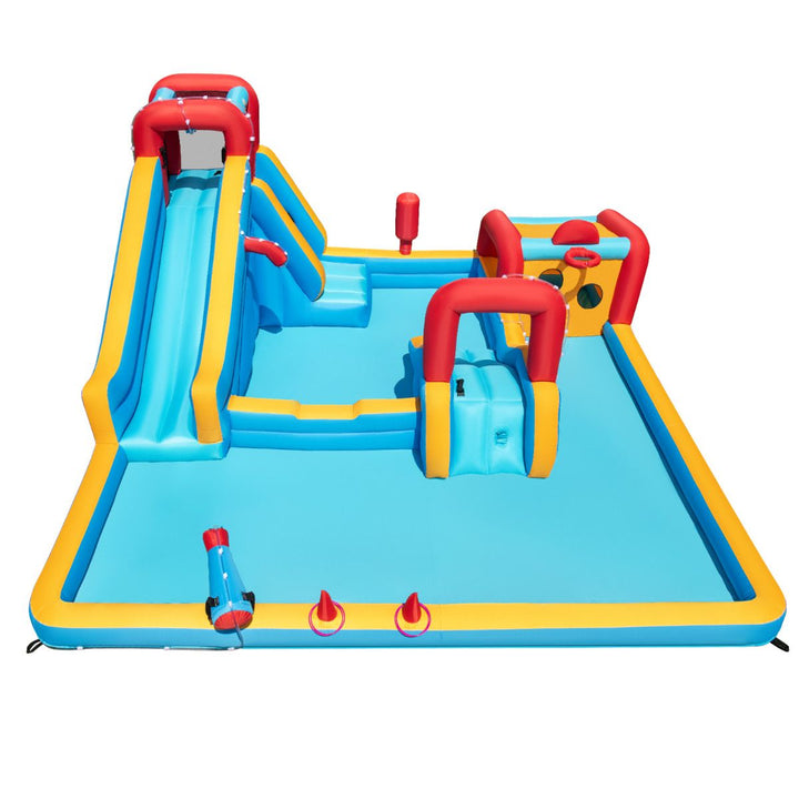 Inflatable water park with tall slide, climbing wall, small ramp, target wall and splash pool; blower excluded