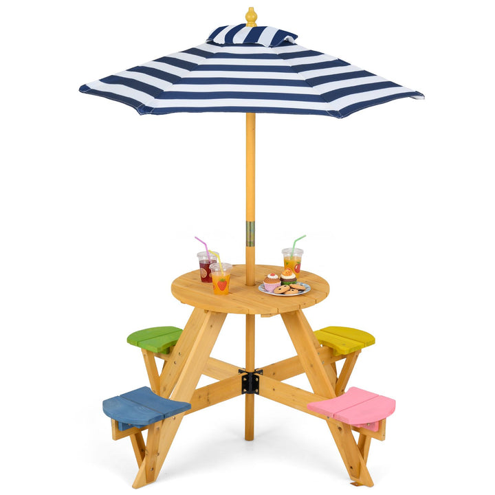 Kids round picnic table with four attached multicoloured stools and blue-striped umbrella, view 3