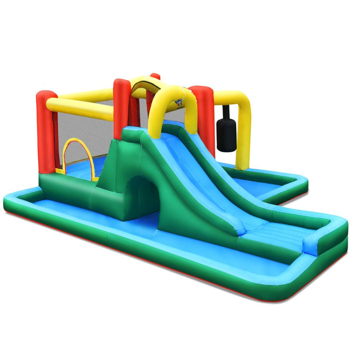 Inflatable water park with straight slide, tunnel and hanging pendulum; blower not included