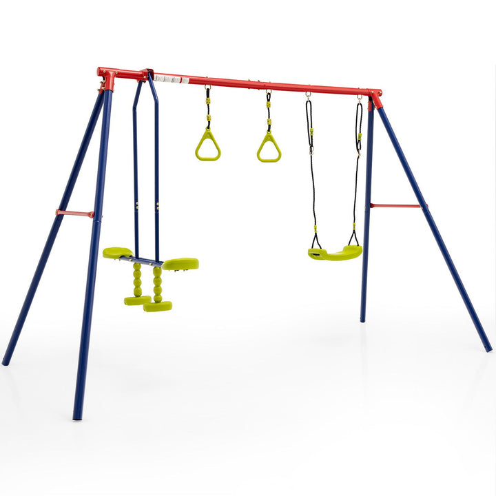 Outdoor Swing Set with Glider and Gym Rings – swing glider and gym rings with red top bar