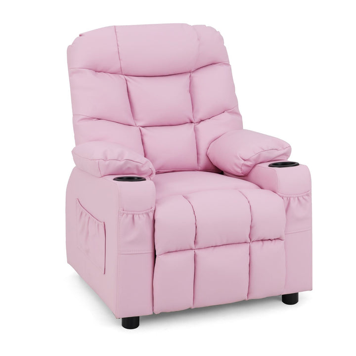 Pink kids PU recliner with two cup holders and front pockets