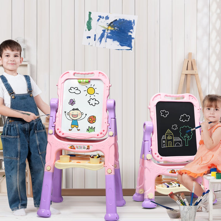 Rotating Kids Art Easel with Two Leg Heights – Pink, view 1
