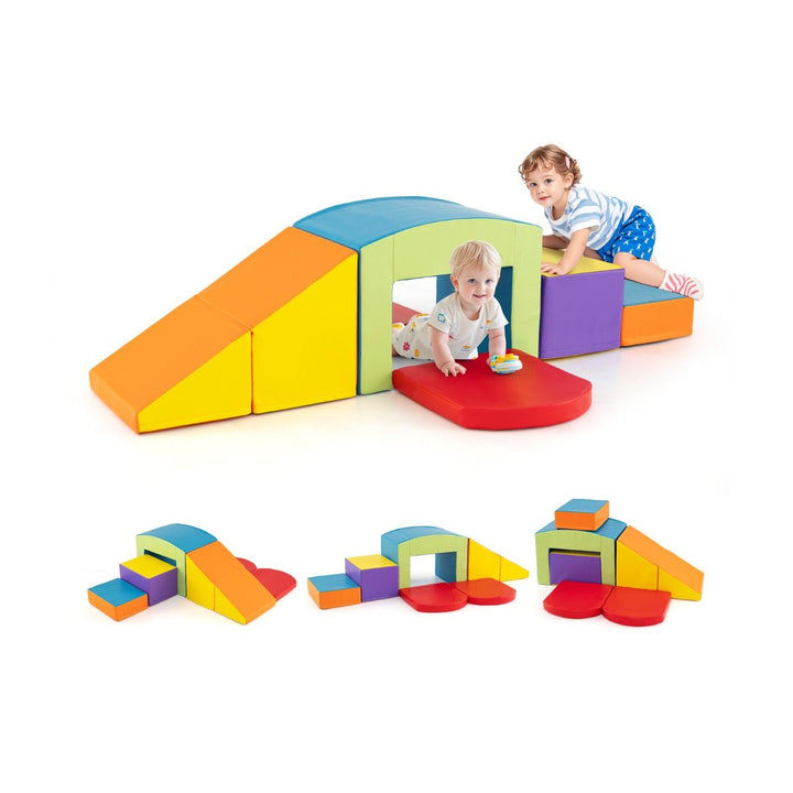 Six-Piece Foam Climbing Set with Tunnel and Folding Ramp – multicolour six-piece set