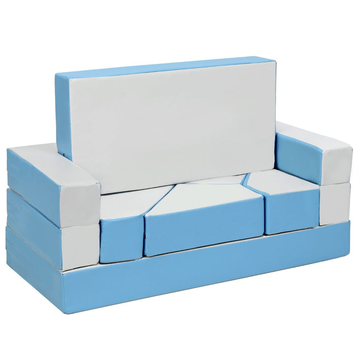 Blue and white eight-piece PU foam play sofa seating arrangement