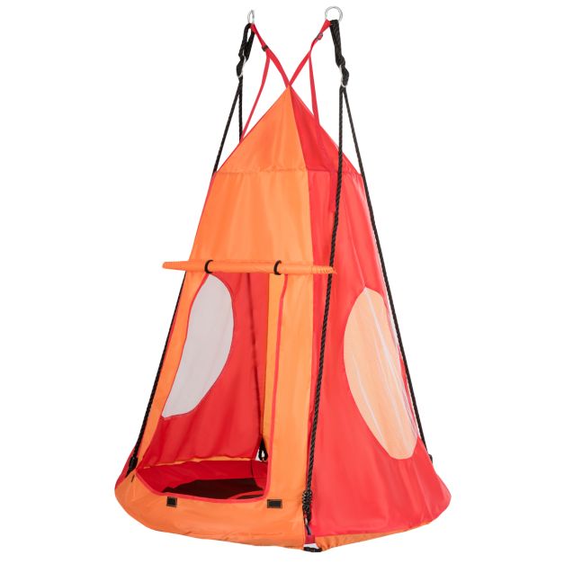 Orange saucer swing with removable tent and mesh windows
