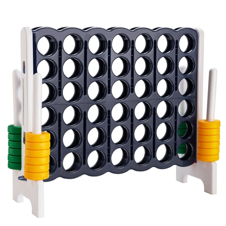 White and navy giant four-in-a-row game with green and yellow rings
