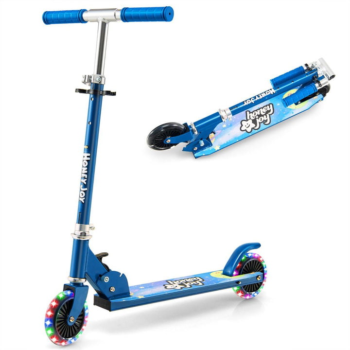 Blue two-wheel kick scooter shown upright and folded, with HoneyJoy markings and light-up wheels