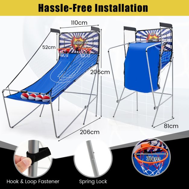White and Blue basketball arcade shown assembled and folded, with dimension and assembly details