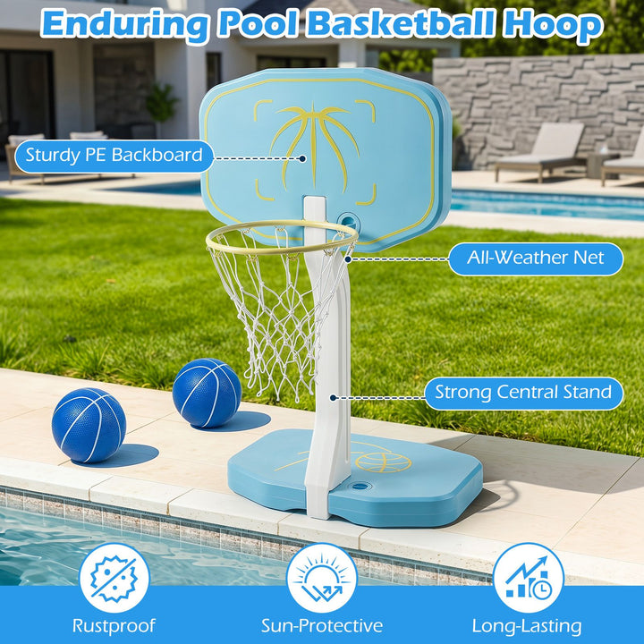 Blue and white poolside basketball hoop with yellow rim