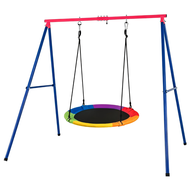 Blue and Red steel A-frame stand with rainbow saucer swing