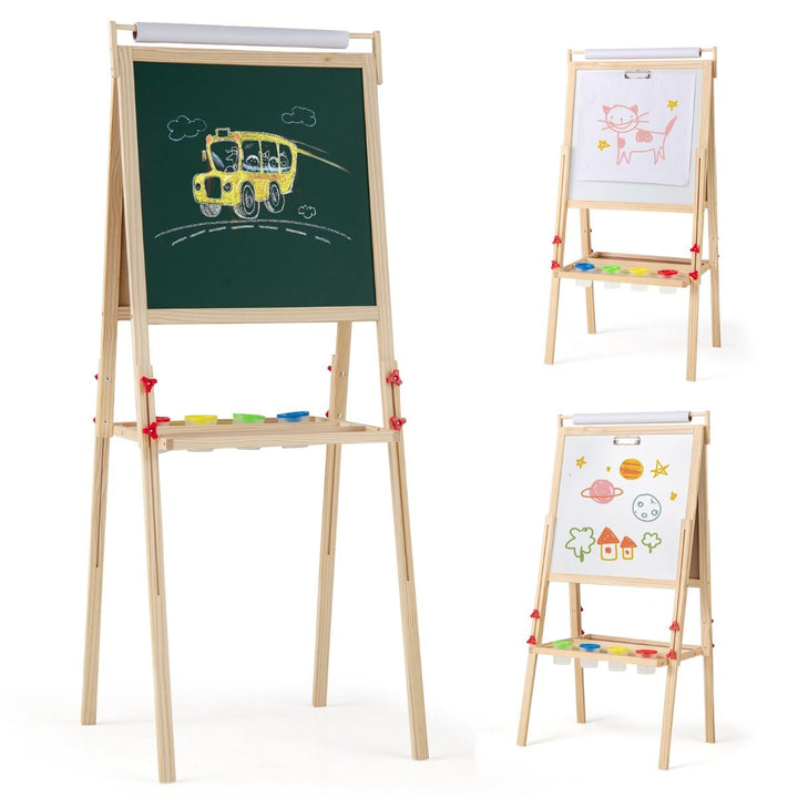 Tall Wooden Art Easel with Magnetic Boards and Paper Roll – chalkboard and whiteboard views