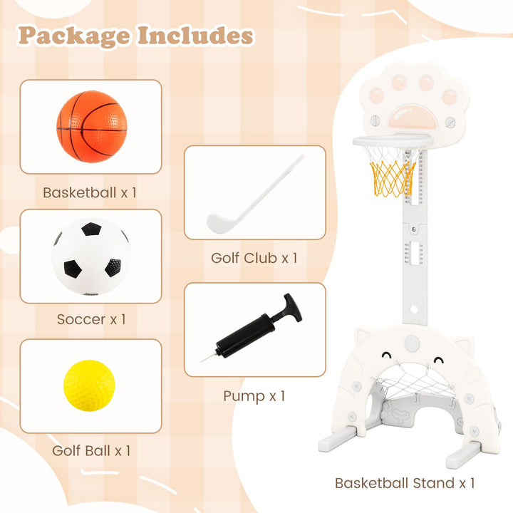 Three-in-One Kids Basketball, Soccer and Golf Set – grey and white variant with included accessories