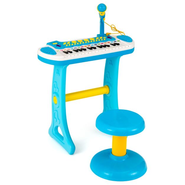 Blue 31-key keyboard with matching round stool and microphone