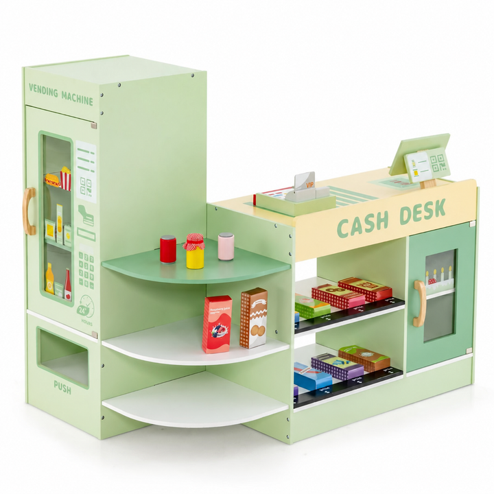 Green wooden pretend supermarket with checkout counter, shelves and vending-style cabinet