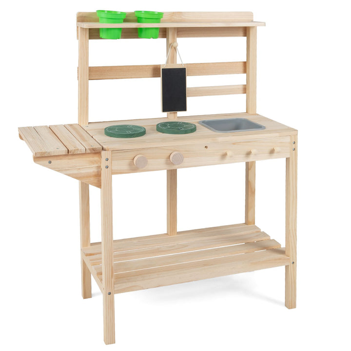 Natural wooden mud kitchen with two play burners, sink, chalkboard and two empty green flowerpots