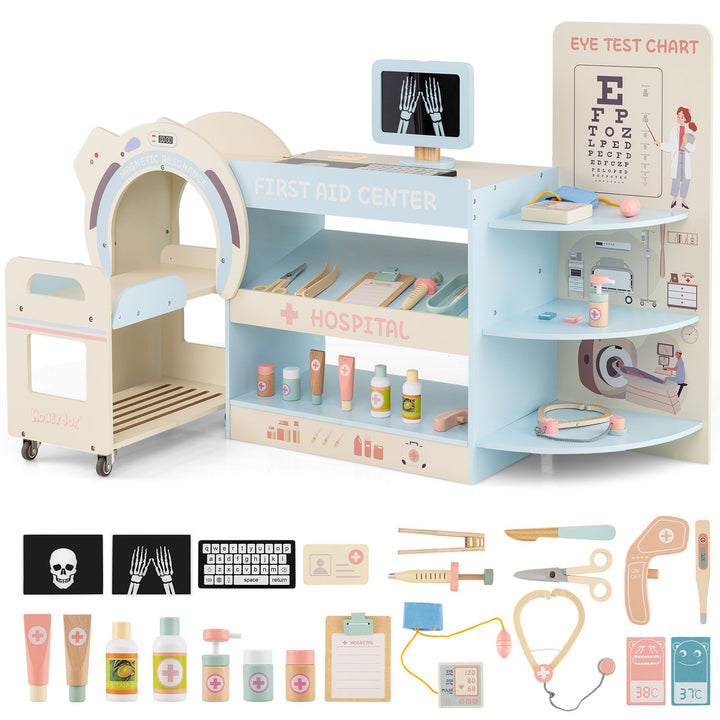 Blue pretend doctor station with toy scanner, trolley, eye-chart graphic and accessory assortment