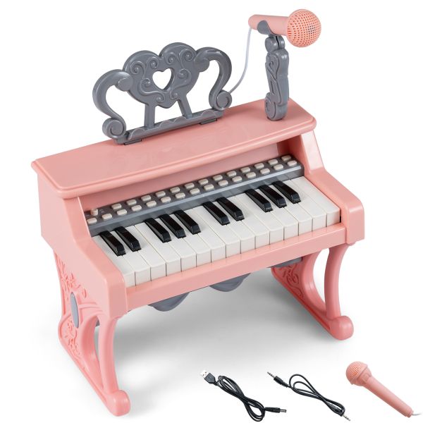 Pink and grey 25-key mini keyboard with microphone, music stand and included cables