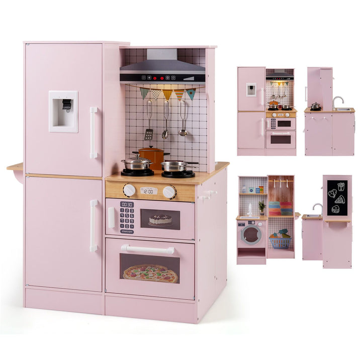 Pink dual-sided wooden play kitchen showing front, rear and side views of one playset