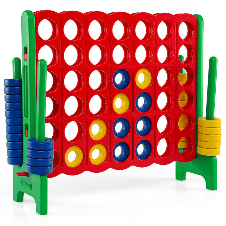 Green uprights with red four-in-a-row board, coloured rings and side storage posts