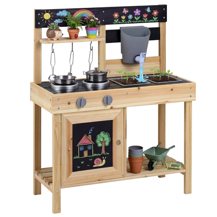 Natural wooden mud kitchen with water tank, two sink trays, play cookware and example plants and gardening accessories