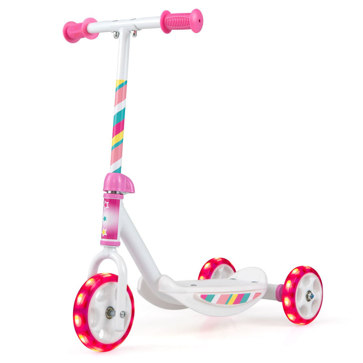 Toddler Three-Wheel Scooter with Light-Up Wheels – pink and white scooter overview
