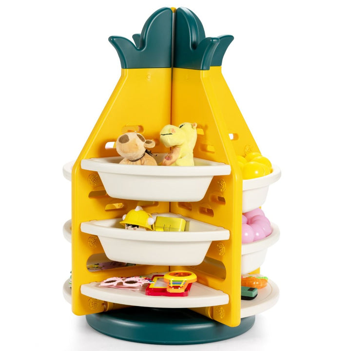 Yellow and green TP10003 pineapple rotating storage unit with white bins and example toys