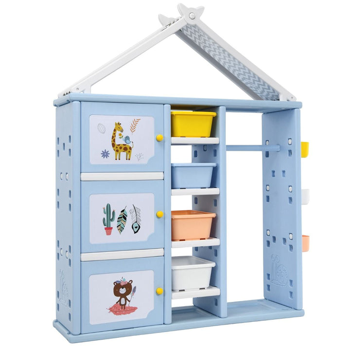Blue house-shaped wardrobe with hanging rail, doors, bins and side baskets