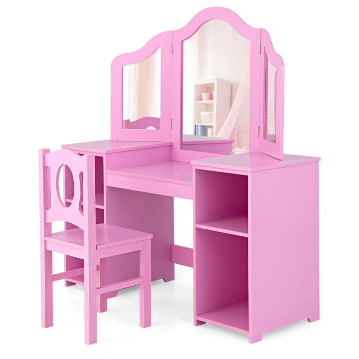 Pink kids vanity table with tri-fold mirror and matching chair