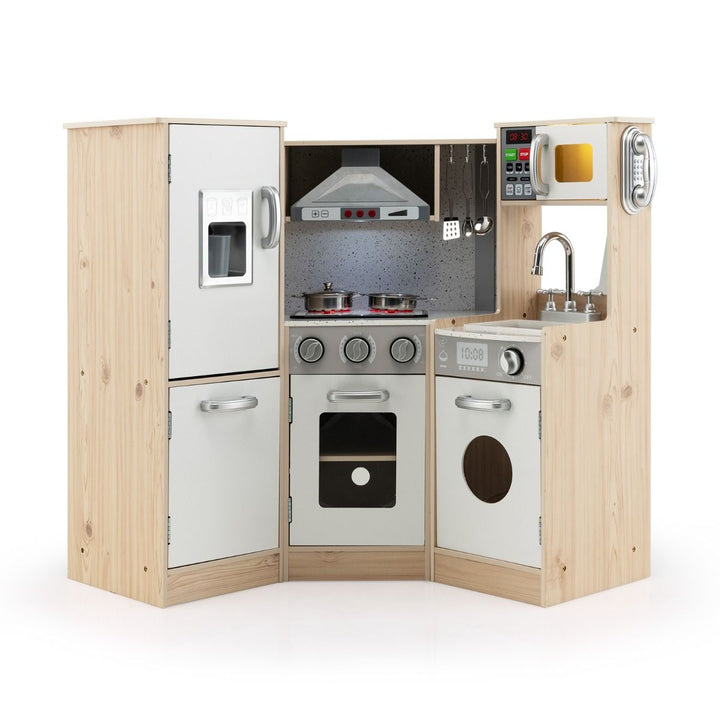 Natural and white corner play kitchen with fridge, range hood, oven and washing machine