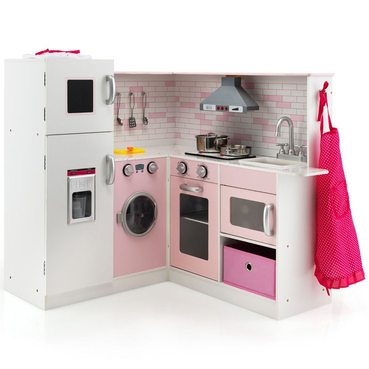 Pink and white corner play kitchen, pink and white corner play kitchen with pretend appliances and accessories