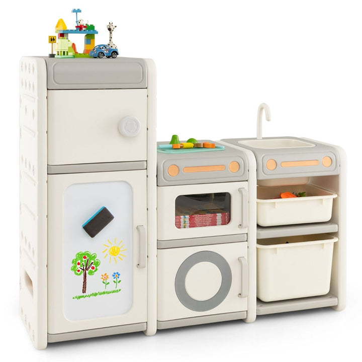 Multipurpose toy chest and bookshelf with removable sink, magnetic whiteboard, and multiple storage options for kids.