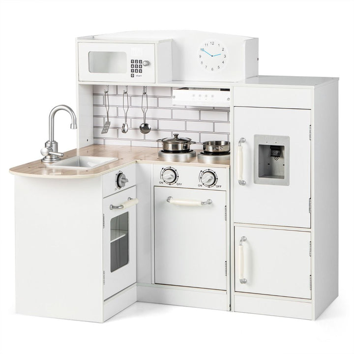 White corner play kitchen with separate toy fridge, cookware and three utensils