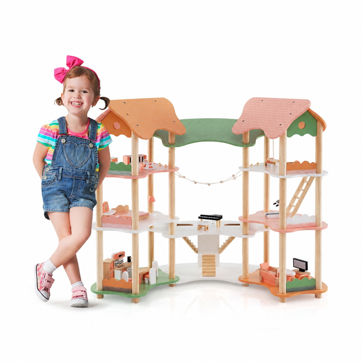 Three-storey multicolour wooden dollhouse with miniature furniture