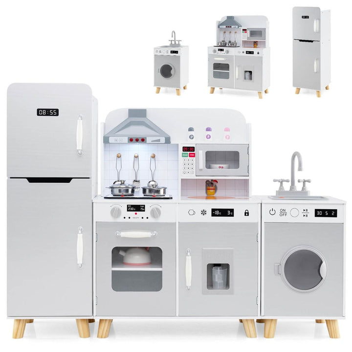 Grey three-piece modular play kitchen with separate fridge, cooker and washing-machine modules