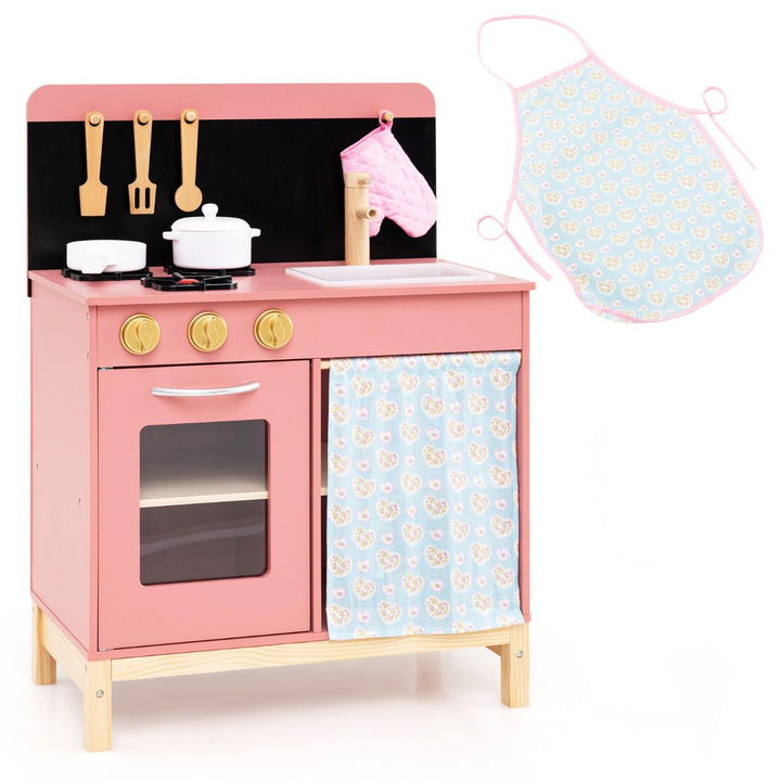 Compact Pink Wooden Play Kitchen with Curtain and Apron, product view 4