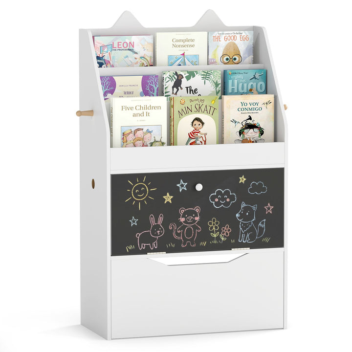 White cat-ear kids bookcase with chalkboard and rolling drawer: loaded front three-quarter view
